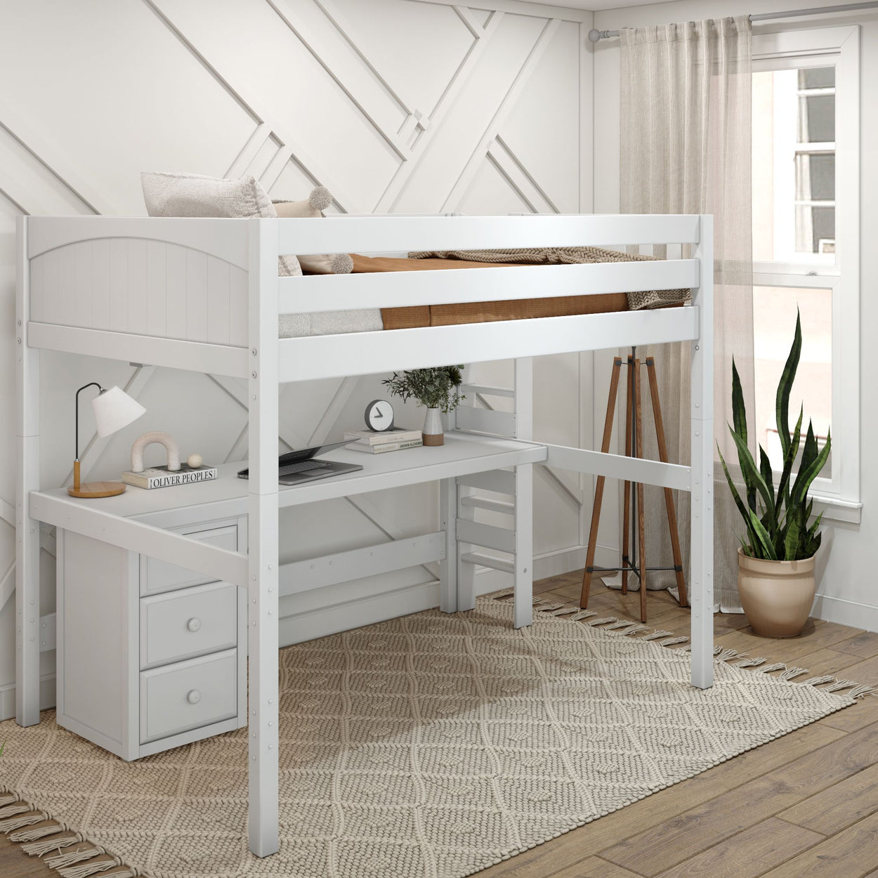 BULKY12 XL WP : Study Loft Beds Full XL High Loft Bed with Long Desk & Narrow 3-Drawer Dresser, Panel, White