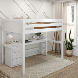 BULKY12 XL WP : Study Loft Beds Full XL High Loft Bed with Long Desk & Narrow 3-Drawer Dresser, Panel, White