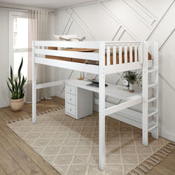 BULKY12 XL WS : Study Loft Beds Full XL High Loft Bed with Long Desk & Narrow 3-Drawer Dresser, Slat, White