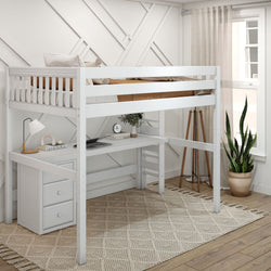 BULKY12 XL WS : Study Loft Beds Full XL High Loft Bed with Long Desk & Narrow 3-Drawer Dresser, Slat, White