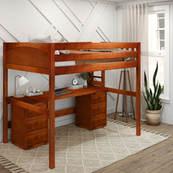 BULKY13 XL CP : Study Loft Beds Full XL High Loft Bed with Long Desk & 2 x Narrow 3-Drawer Dresser, Panel, Chestnut