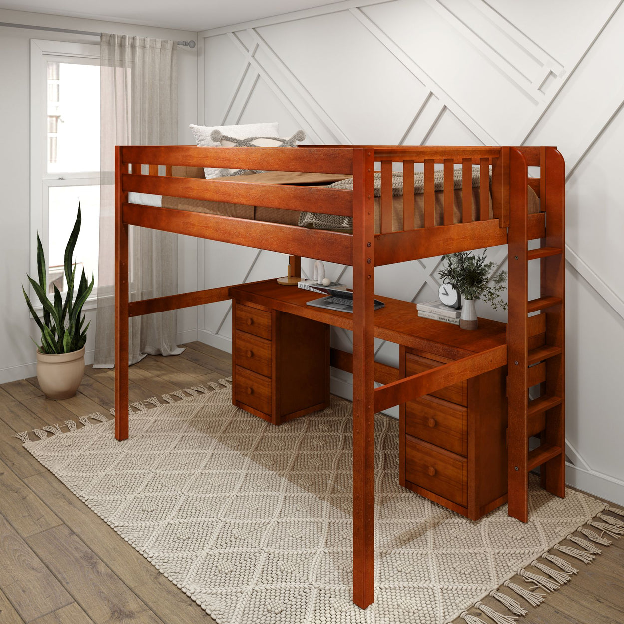 BULKY13 XL CS : Study Loft Beds Full XL High Loft Bed with Long Desk & 2 x Narrow 3-Drawer Dresser, Slat, Chestnut