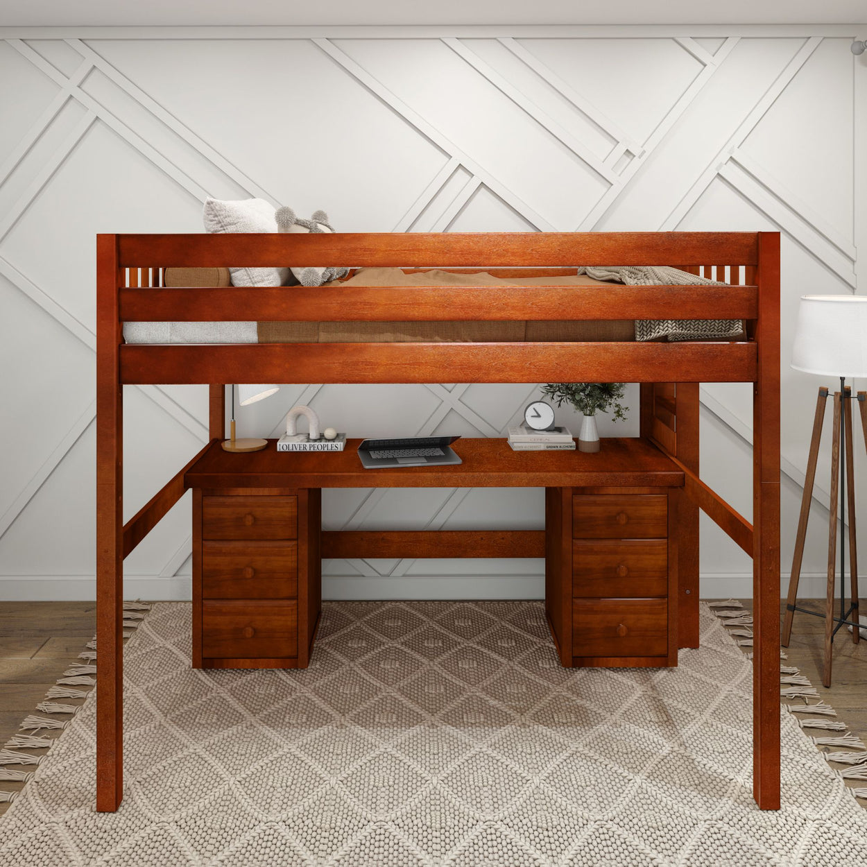 BULKY13 XL CS : Study Loft Beds Full XL High Loft Bed with Long Desk & 2 x Narrow 3-Drawer Dresser, Slat, Chestnut