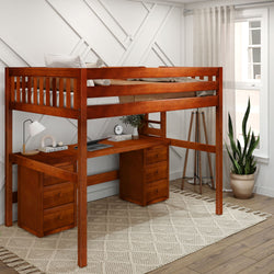 BULKY13 XL CS : Study Loft Beds Full XL High Loft Bed with Long Desk & 2 x Narrow 3-Drawer Dresser, Slat, Chestnut