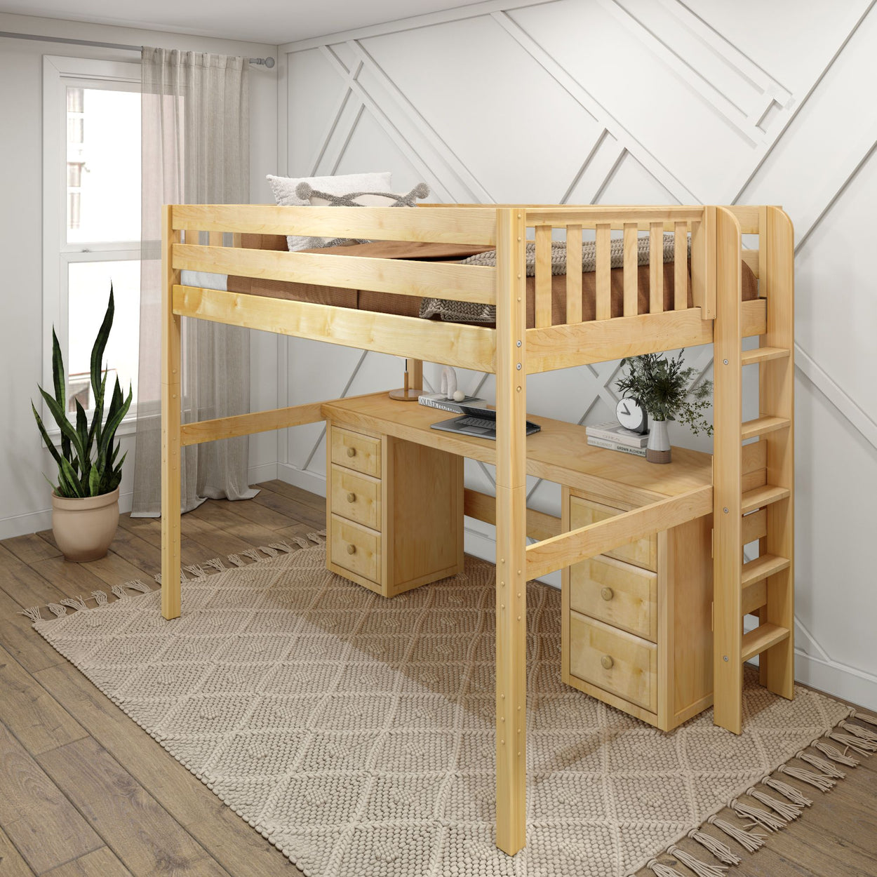 BULKY13 XL NS : Storage & Study Loft Beds Full XL High Loft Bed with Long Desk & 2 x Narrow 3-Drawer Dresser, Slat, Natural