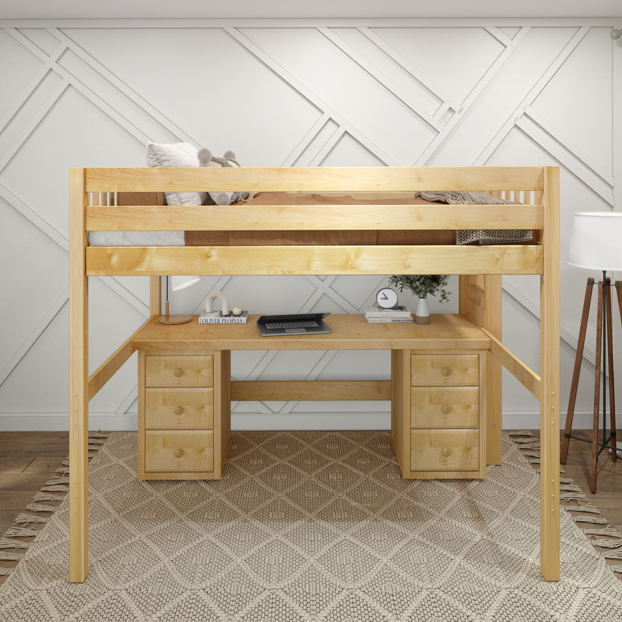 BULKY13 XL NS : Study Loft Beds Full XL High Loft Bed with Long Desk & 2 x Narrow 3-Drawer Dresser, Slat, Natural