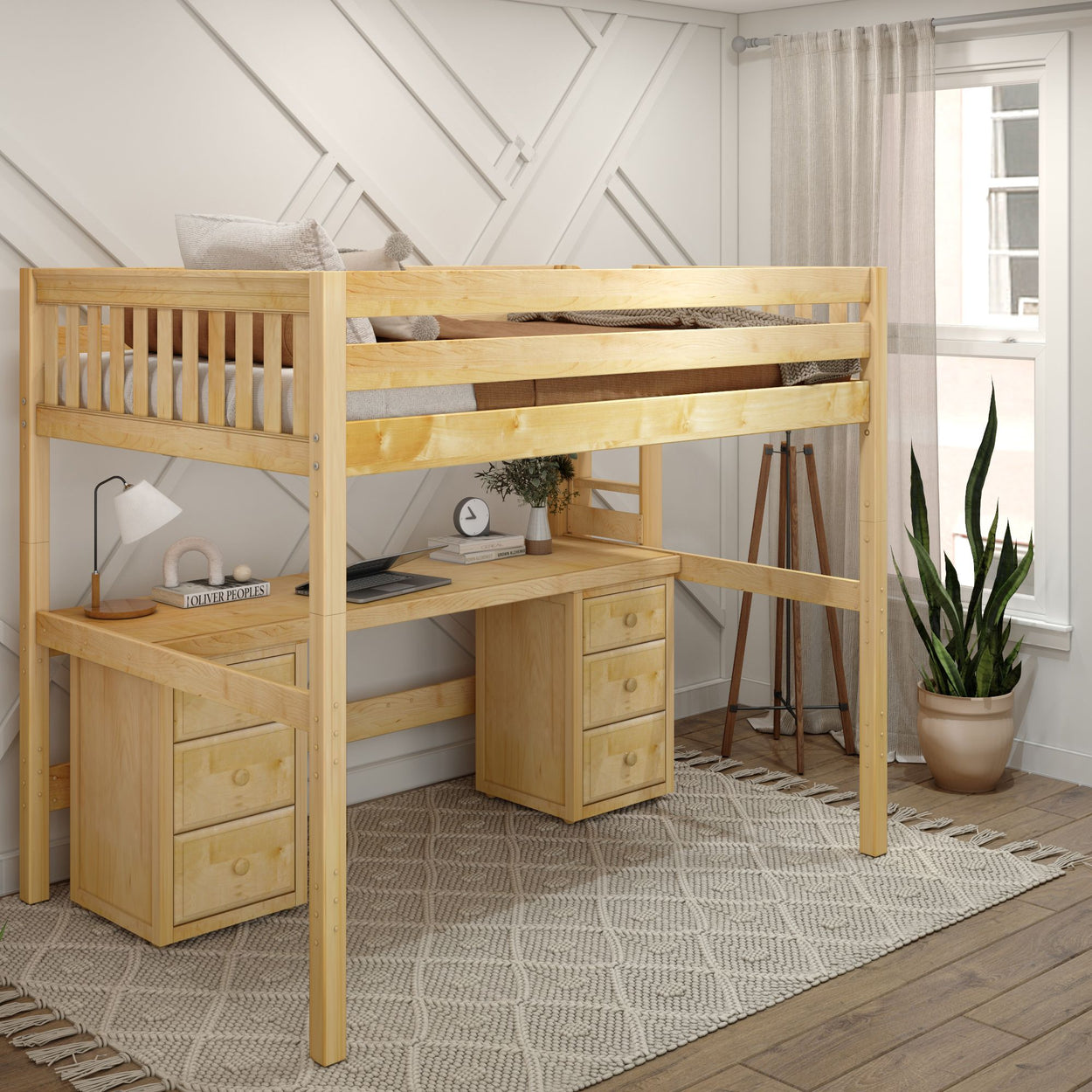 BULKY13 XL NS : Storage & Study Loft Beds Full XL High Loft Bed with Long Desk & 2 x Narrow 3-Drawer Dresser, Slat, Natural