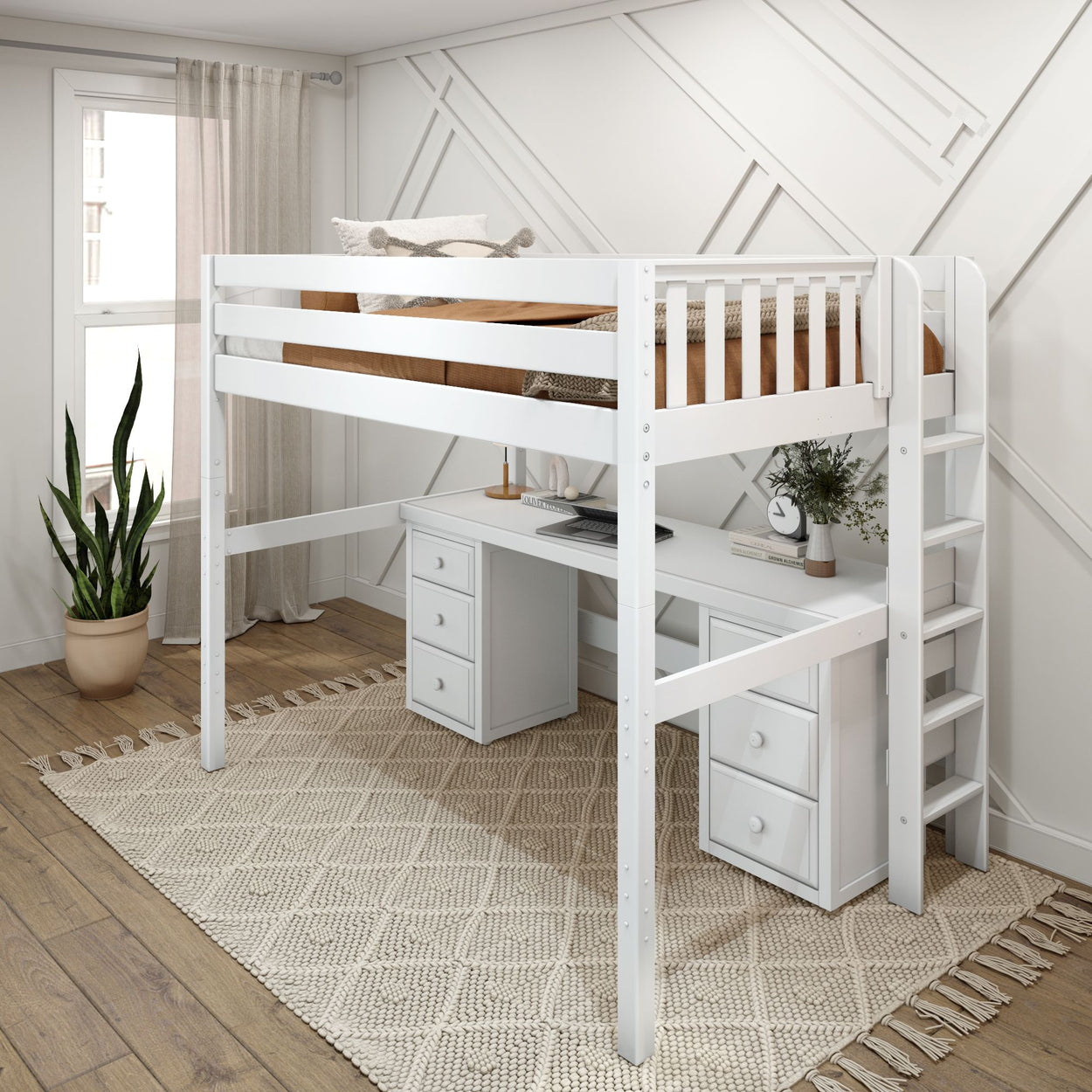 BULKY13 XL WP : Storage & Study Loft Beds Full XL High Loft Bed with Long Desk & 2 x Narrow 3-Drawer Dresser, Panel, White