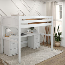 BULKY13 XL WP : Study Loft Beds Full XL High Loft Bed with Long Desk & 2 x Narrow 3-Drawer Dresser, Panel, White