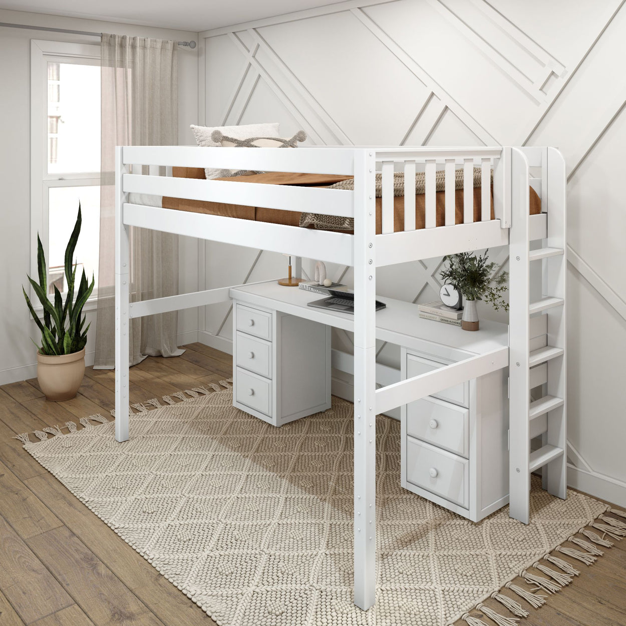 BULKY13 XL WS : Storage & Study Loft Beds Full XL High Loft Bed with Long Desk & 2 x Narrow 3-Drawer Dresser, Slat, White