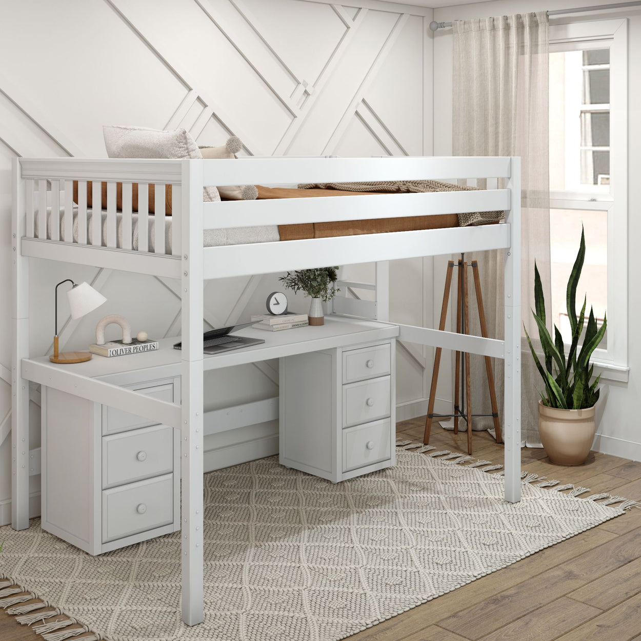 BULKY13 XL WS : Study Loft Beds Full XL High Loft Bed with Long Desk & 2 x Narrow 3-Drawer Dresser, Slat, White