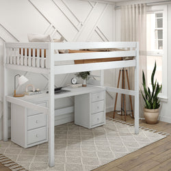 BULKY13 XL WS : Storage & Study Loft Beds Full XL High Loft Bed with Long Desk & 2 x Narrow 3-Drawer Dresser, Slat, White