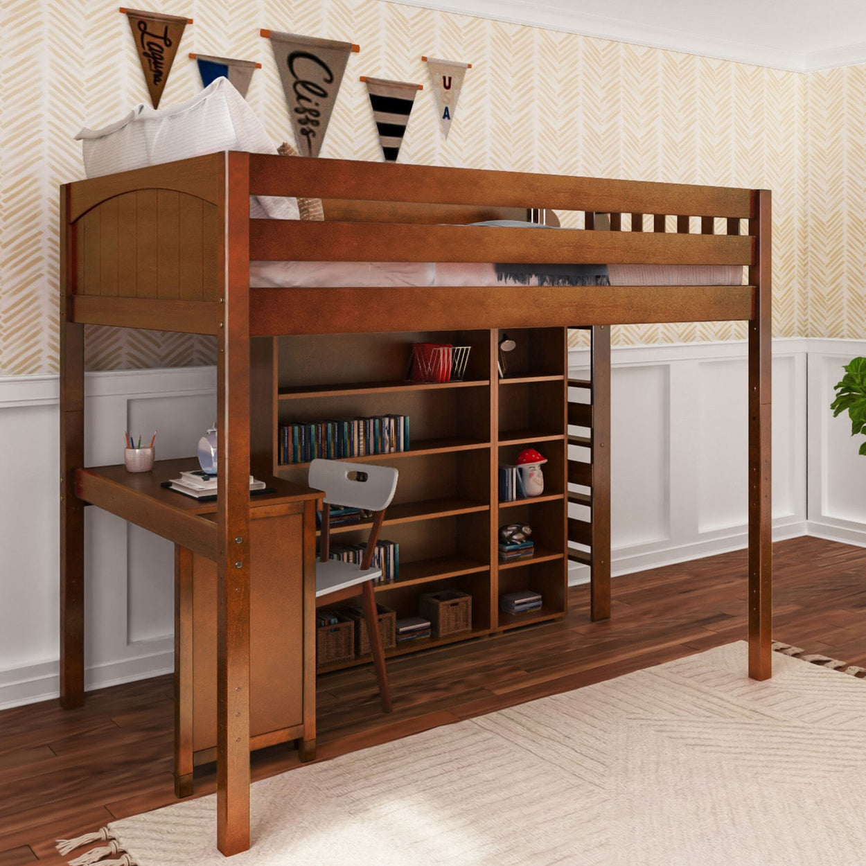 BULKY4 CP : Study Loft Beds Full High Loft w/ ladder on end, Corner desk, 15" High Bookcase, 37.5" High Bookcase, Panel, Chestnut