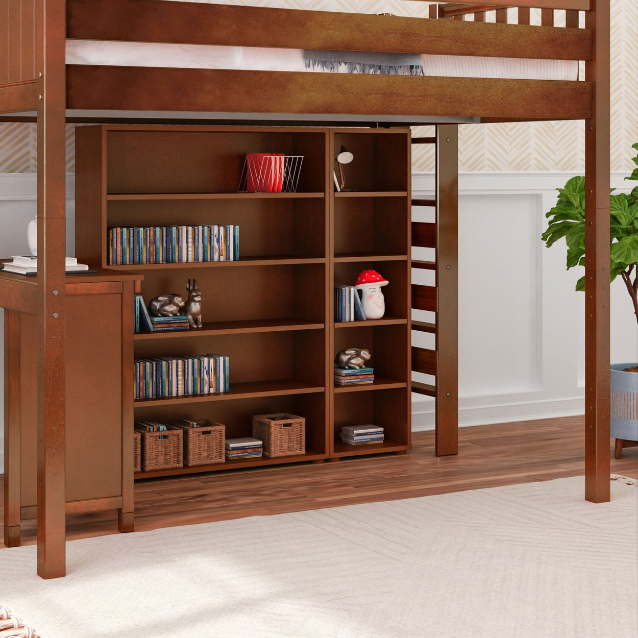 BULKY4 CP : Storage & Study Loft Beds Full High Loft w/ ladder on end, Corner desk, 15" High Bookcase, 37.5" High Bookcase, Panel, Chestnut