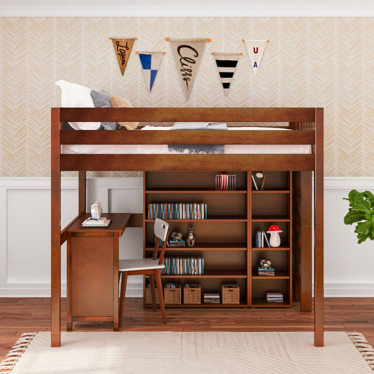 BULKY4 CP : Storage & Study Loft Beds Full High Loft w/ ladder on end, Corner desk, 15" High Bookcase, 37.5" High Bookcase, Panel, Chestnut