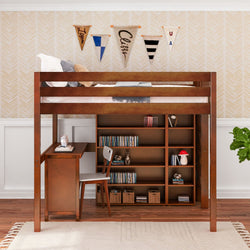 BULKY4 CP : Study Loft Beds Full High Loft w/ ladder on end, Corner desk, 15" High Bookcase, 37.5" High Bookcase, Panel, Chestnut