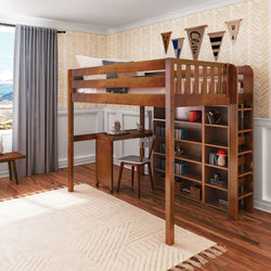 BULKY4 CP : Study Loft Beds Full High Loft w/ ladder on end, Corner desk, 15" High Bookcase, 37.5" High Bookcase, Panel, Chestnut