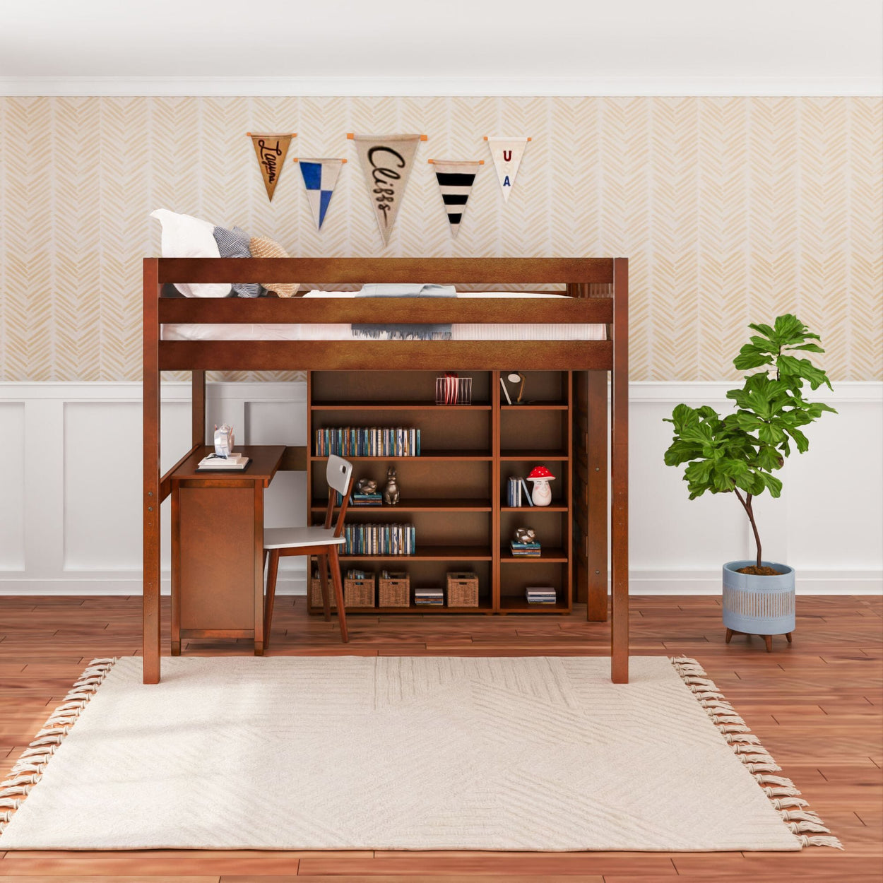 BULKY4 CP : Study Loft Beds Full High Loft w/ ladder on end, Corner desk, 15" High Bookcase, 37.5" High Bookcase, Panel, Chestnut