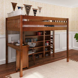 BULKY4 CS : Study Loft Beds Full High Loft w/ ladder on end, Corner desk, 15" High Bookcase, 37.5" High Bookcase, Slat, Chestnut