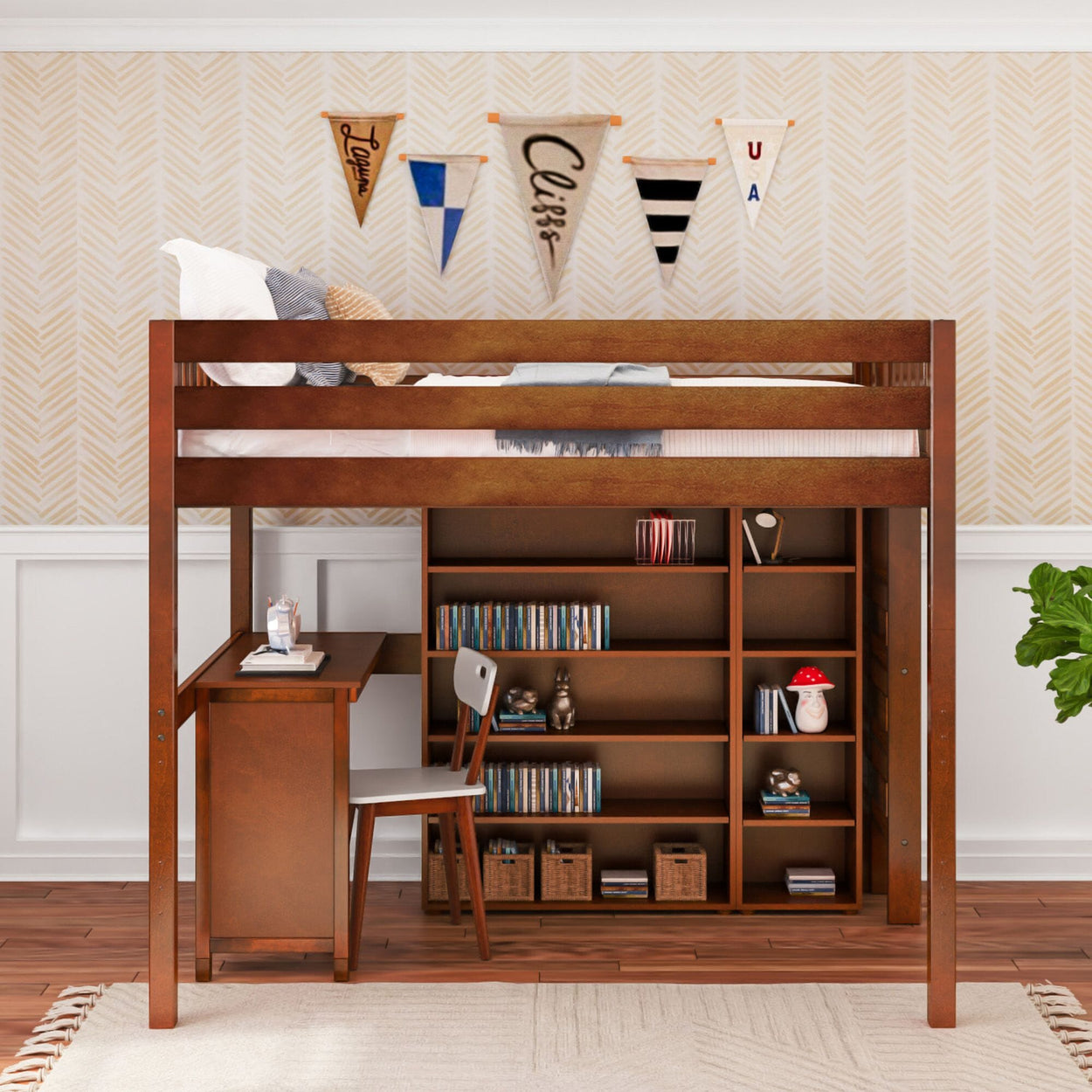 BULKY4 CS : Study Loft Beds Full High Loft w/ ladder on end, Corner desk, 15" High Bookcase, 37.5" High Bookcase, Slat, Chestnut