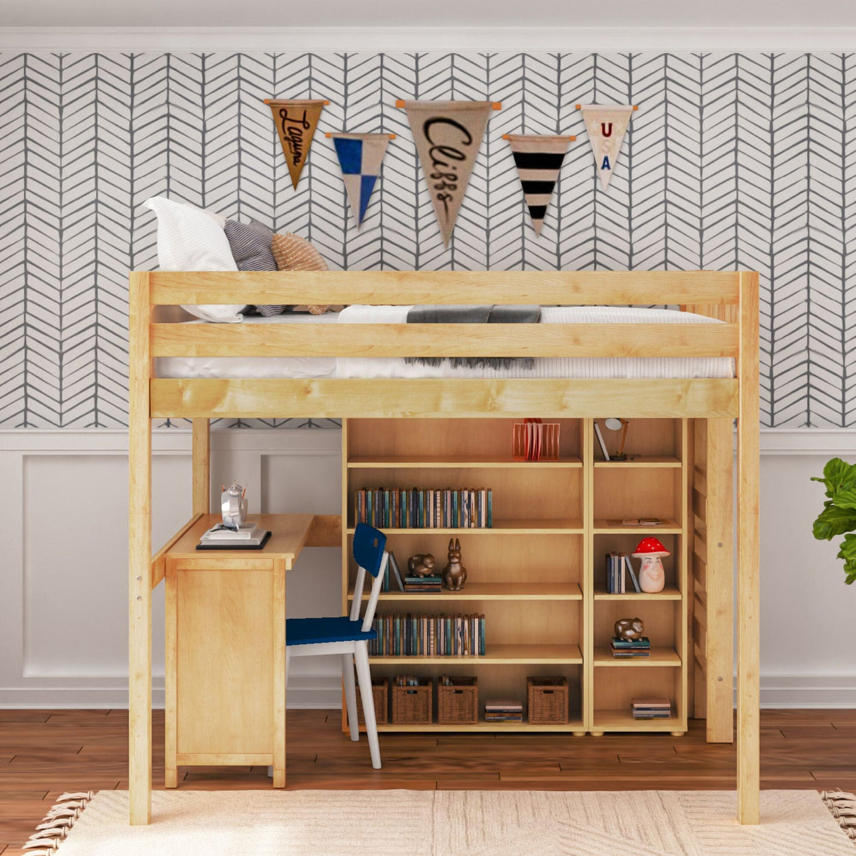 BULKY4 NP : Study Loft Beds Full High Loft w/ ladder on end, Corner desk, 15" High Bookcase, 37.5" High Bookcase, Panel, Natural