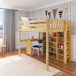 BULKY4 NP : Study Loft Beds Full High Loft w/ ladder on end, Corner desk, 15" High Bookcase, 37.5" High Bookcase, Panel, Natural