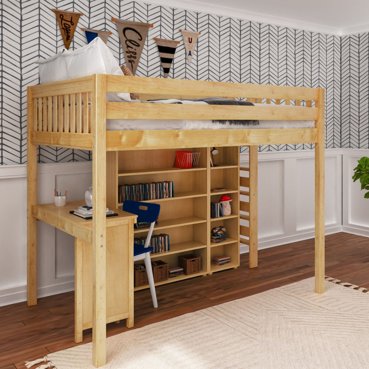 BULKY4 NS : Storage & Study Loft Beds Full High Loft w/ ladder on end, Corner desk, 15" High Bookcase, 37.5" High Bookcase, Slat, Natural