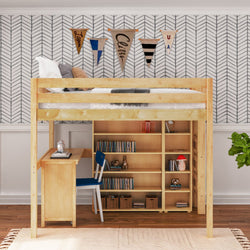 BULKY4 NS : Study Loft Beds Full High Loft w/ ladder on end, Corner desk, 15" High Bookcase, 37.5" High Bookcase, Slat, Natural