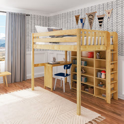 BULKY4 NS : Storage & Study Loft Beds Full High Loft w/ ladder on end, Corner desk, 15" High Bookcase, 37.5" High Bookcase, Slat, Natural