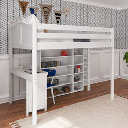 BULKY4 WC : Study Loft Beds Full High Loft w/ ladder on end, Corner desk, 15" High Bookcase, 37.5" High Bookcase, Curved, White