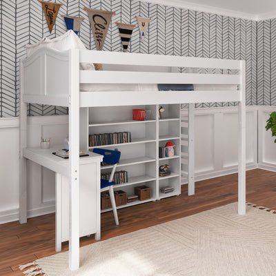 BULKY4 WC : Storage & Study Loft Beds Full High Loft w/ ladder on end, Corner desk, 15" High Bookcase, 37.5" High Bookcase, Curved, White