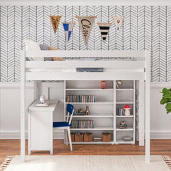 BULKY4 WC : Study Loft Beds Full High Loft w/ ladder on end, Corner desk, 15" High Bookcase, 37.5" High Bookcase, Curved, White