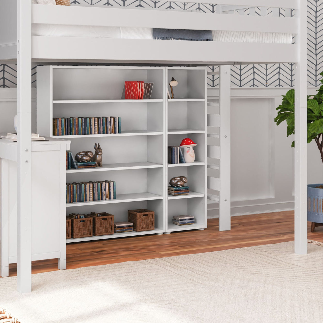 BULKY4 WC : Storage & Study Loft Beds Full High Loft w/ ladder on end, Corner desk, 15" High Bookcase, 37.5" High Bookcase, Curved, White