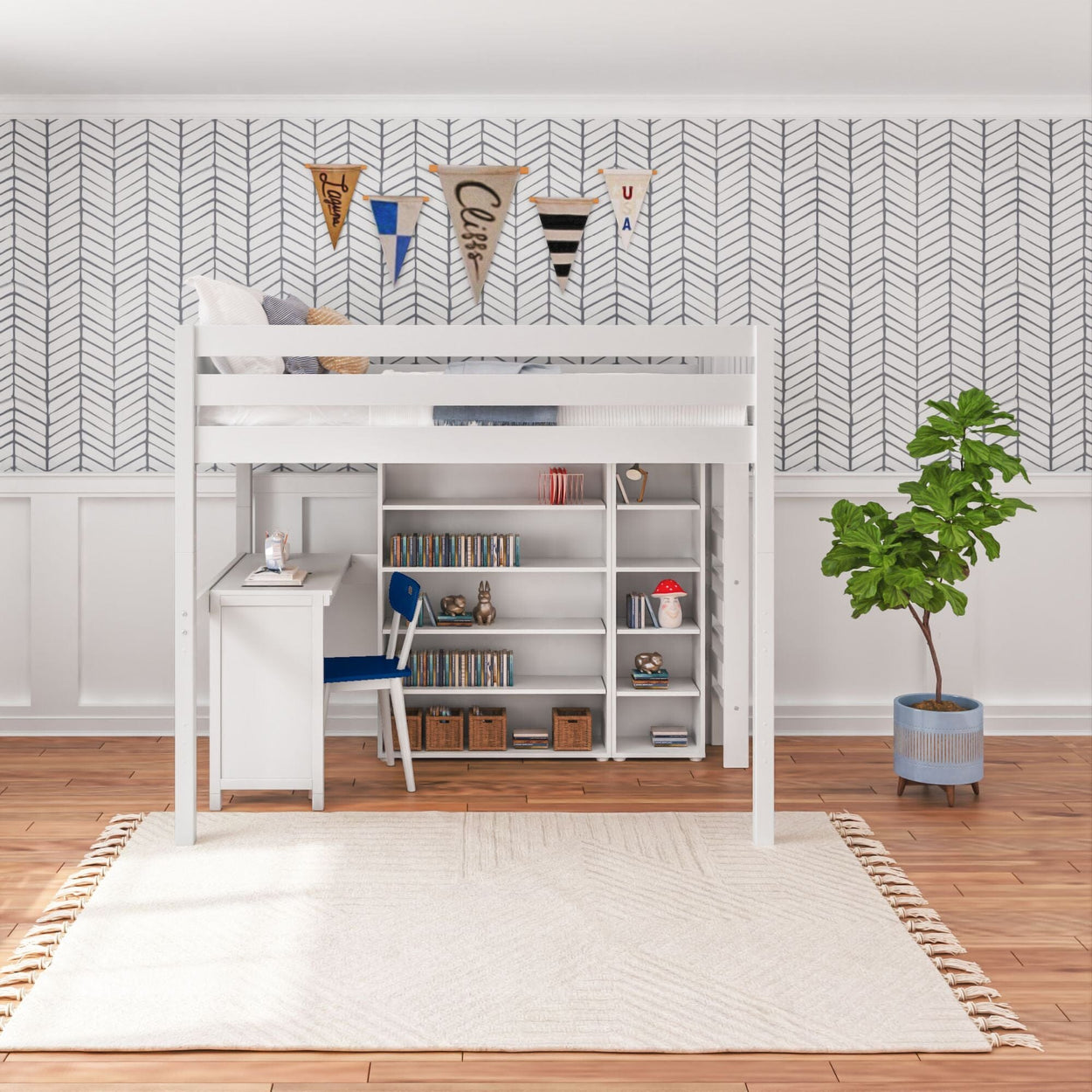 BULKY4 WC : Storage & Study Loft Beds Full High Loft w/ ladder on end, Corner desk, 15" High Bookcase, 37.5" High Bookcase, Curved, White