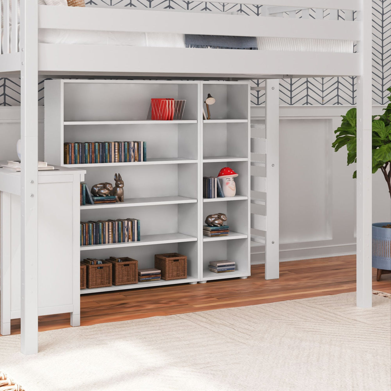 BULKY4 WP : Study Loft Beds Full High Loft w/ ladder on end, Corner desk, 15" High Bookcase, 37.5" High Bookcase, Panel, White