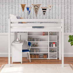 BULKY4 WP : Storage & Study Loft Beds Full High Loft w/ ladder on end, Corner desk, 15" High Bookcase, 37.5" High Bookcase, Panel, White