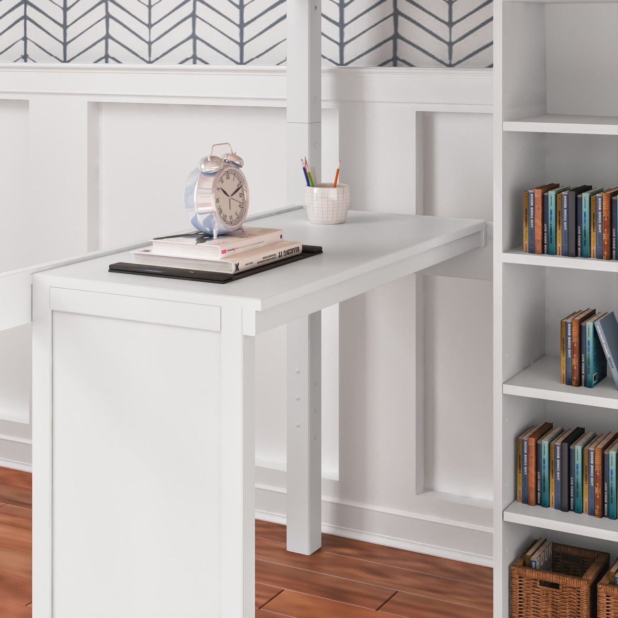 BULKY4 WS : Storage & Study Loft Beds Full High Loft w/ ladder on end, Corner desk, 15" High Bookcase, 37.5" High Bookcase, Slat, White