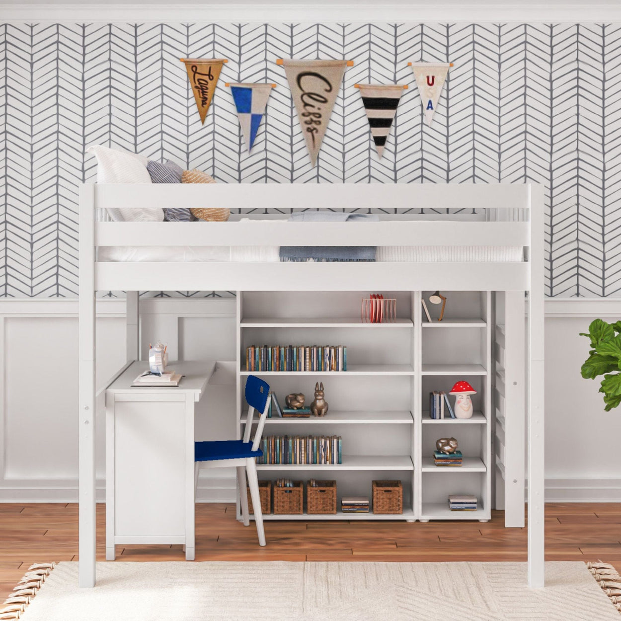 BULKY4 WS : Storage & Study Loft Beds Full High Loft w/ ladder on end, Corner desk, 15" High Bookcase, 37.5" High Bookcase, Slat, White