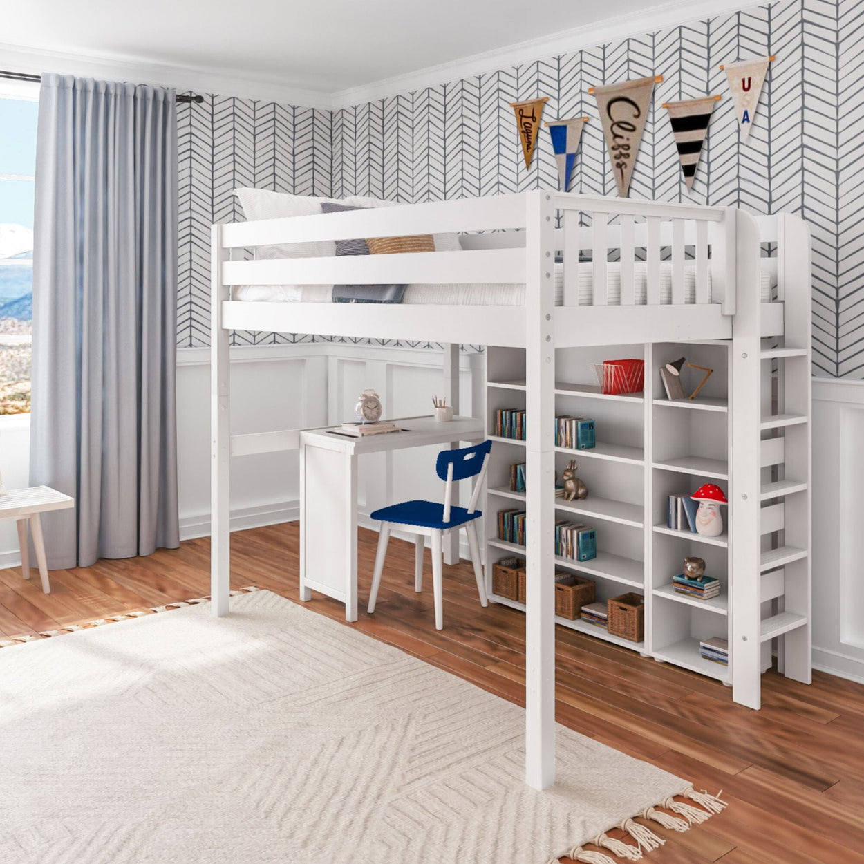 BULKY4 WS : Study Loft Beds Full High Loft w/ ladder on end, Corner desk, 15" High Bookcase, 37.5" High Bookcase, Slat, White