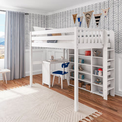 BULKY4 WS : Study Loft Beds Full High Loft w/ ladder on end, Corner desk, 15" High Bookcase, 37.5" High Bookcase, Slat, White