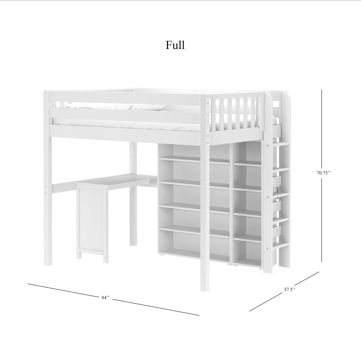 BULKY4 WS : Study Loft Beds Full High Loft w/ ladder on end, Corner desk, 15" High Bookcase, 37.5" High Bookcase, Slat, White