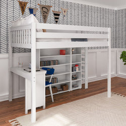 BULKY4 WS : Study Loft Beds Full High Loft w/ ladder on end, Corner desk, 15" High Bookcase, 37.5" High Bookcase, Slat, White