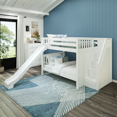 CELEBRATE WS : Play Bunk Beds Full Medium Bunk Bed with Stairs + Slide, Slat, White