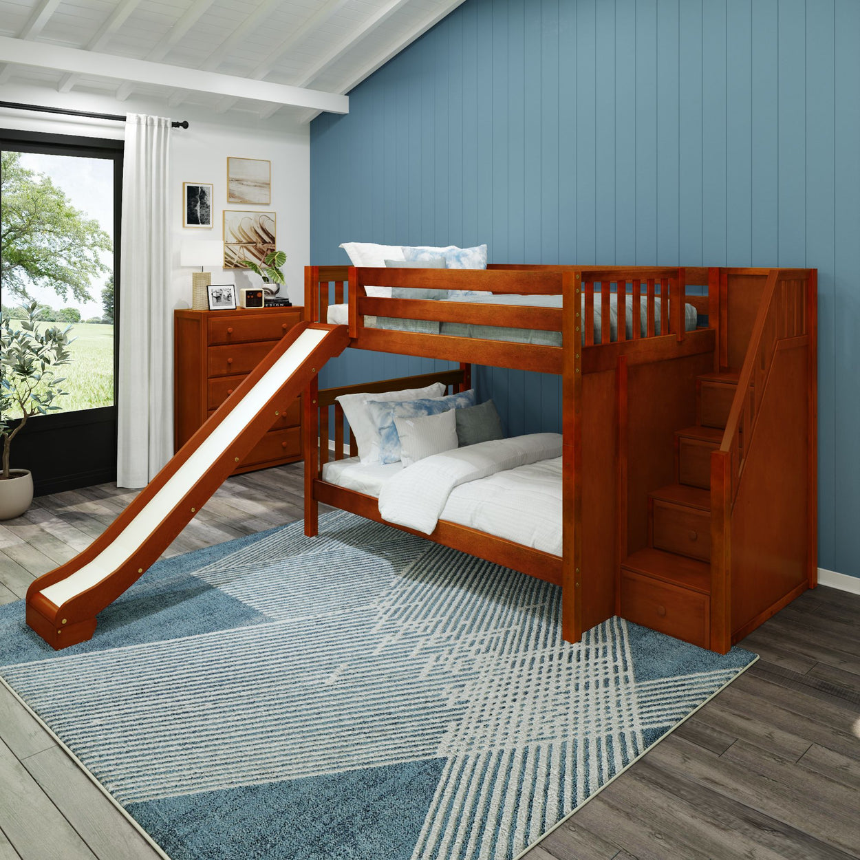 CELEBRATE XL CS : Play Bunk Beds Full XL Medium Bunk Bed with Stairs + Slide, Slat, Chestnut