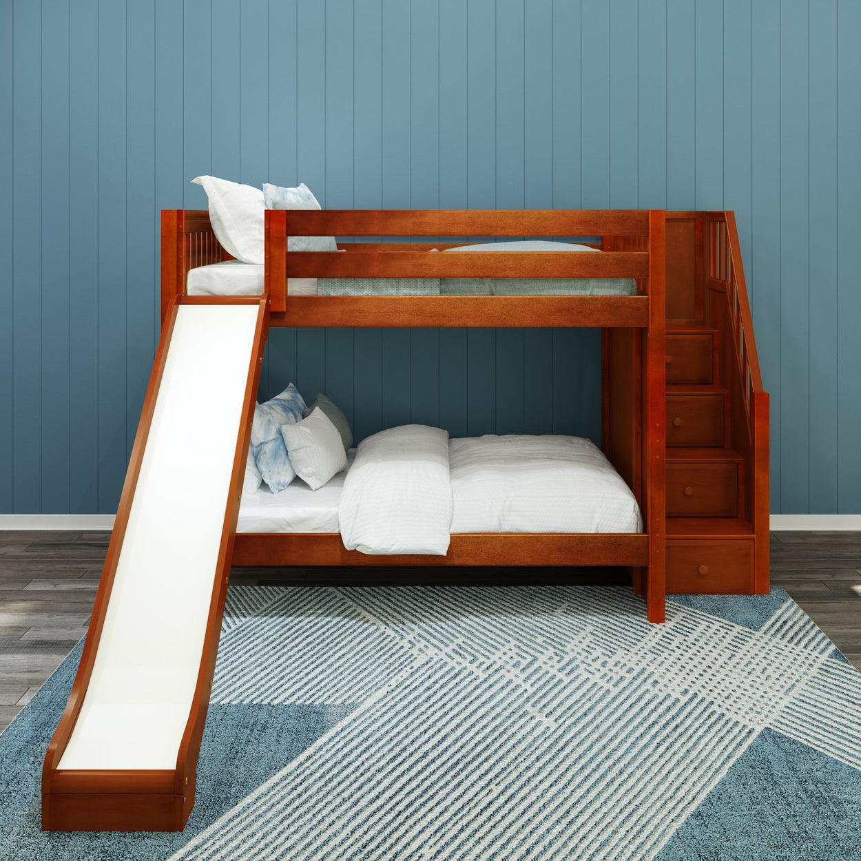 CELEBRATE XL CS : Play Bunk Beds Full XL Medium Bunk Bed with Stairs + Slide, Slat, Chestnut