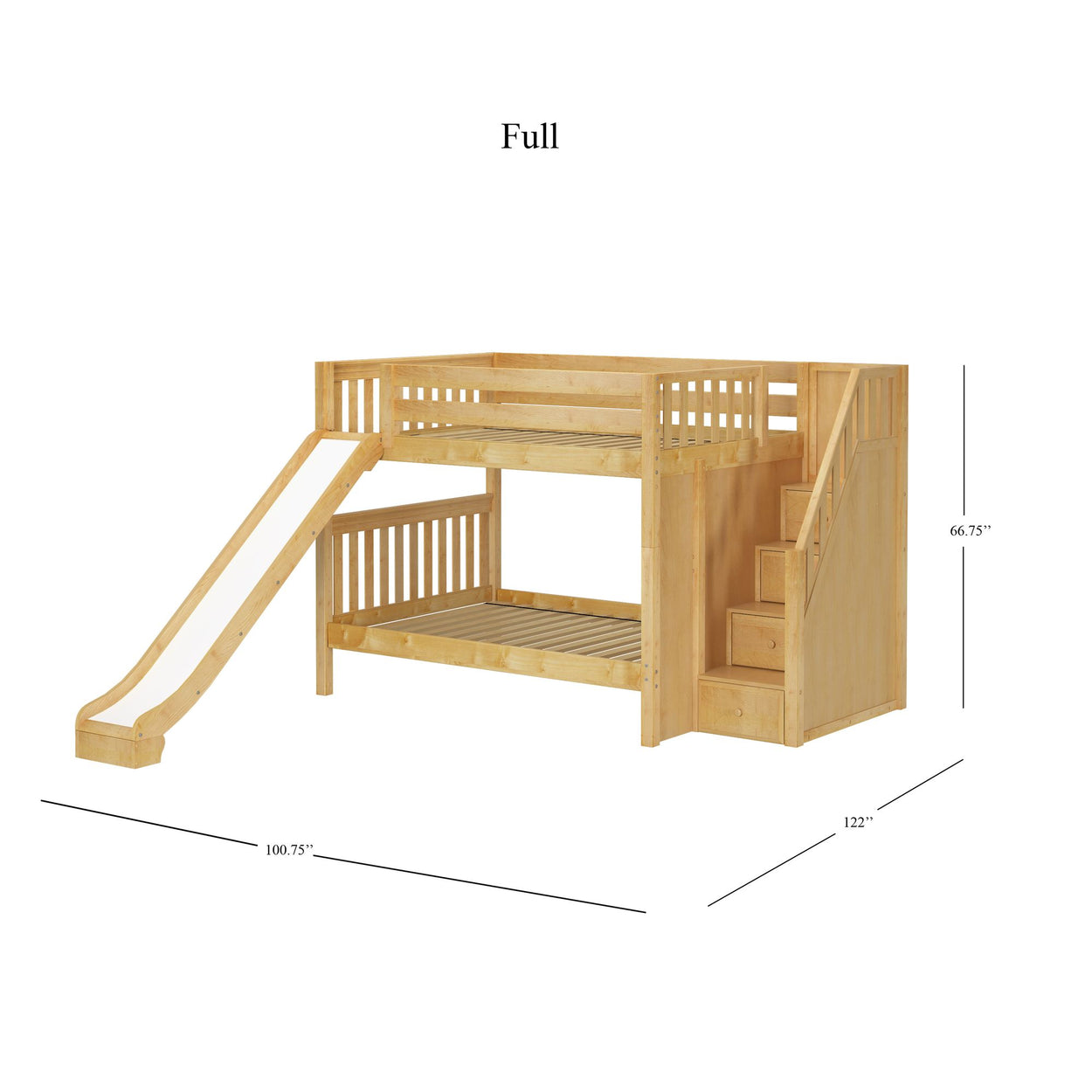 CELEBRATE XL NS : Play Bunk Beds Full XL Medium Bunk Bed with Stairs + Slide, Slat, Natural