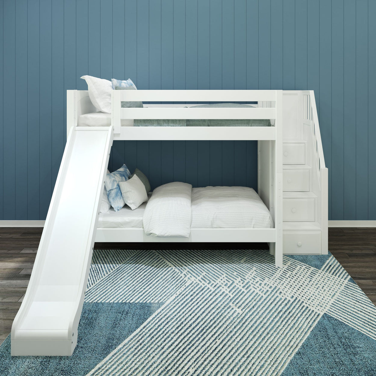 CELEBRATE XL WP : Play Bunk Beds Full XL Medium Bunk Bed with Stairs + Slide, Panel, White