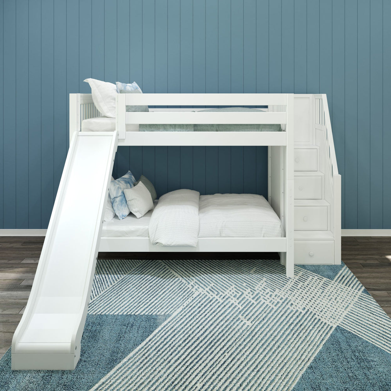 CELEBRATE XL WS : Play Bunk Beds Full XL Medium Bunk Bed with Stairs + Slide, Slat, White