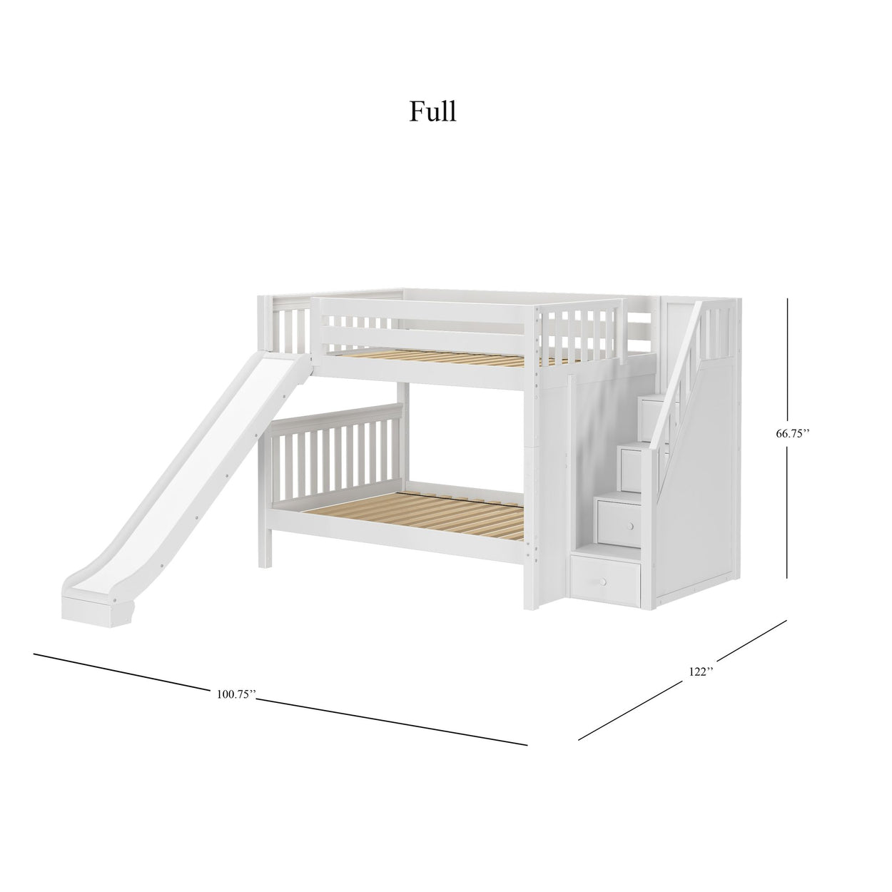 CELEBRATE XL WS : Play Bunk Beds Full XL Medium Bunk Bed with Stairs + Slide, Slat, White