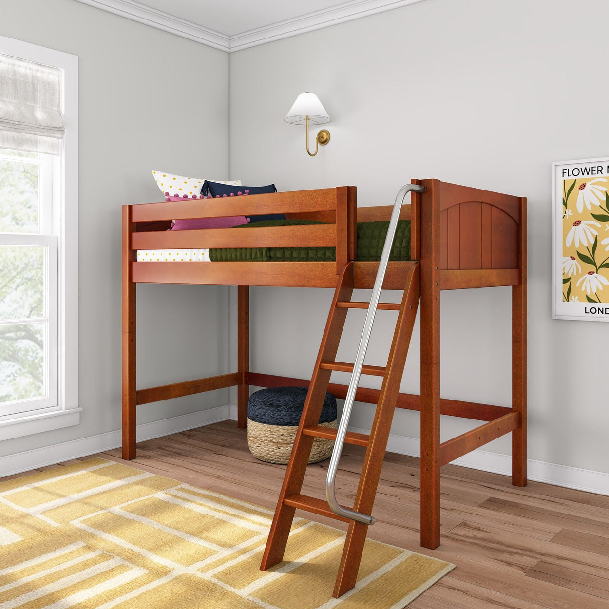 CHAP CP : Standard Loft Beds Twin Mid Loft Bed with Angled Ladder on Front, Panel, Chestnut